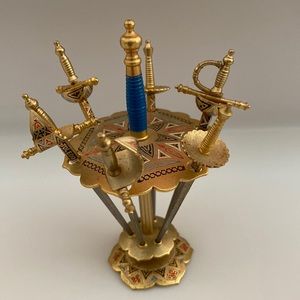 Vintage Made in Spain Metal Sword Toothpicks and Holder Toledo